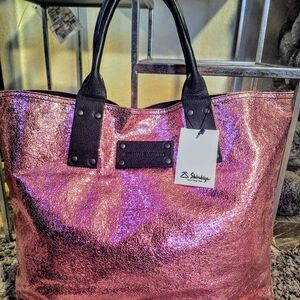 Stephane Verdino Pink With Black Leather Handles Metallic Tote Bag New with tags